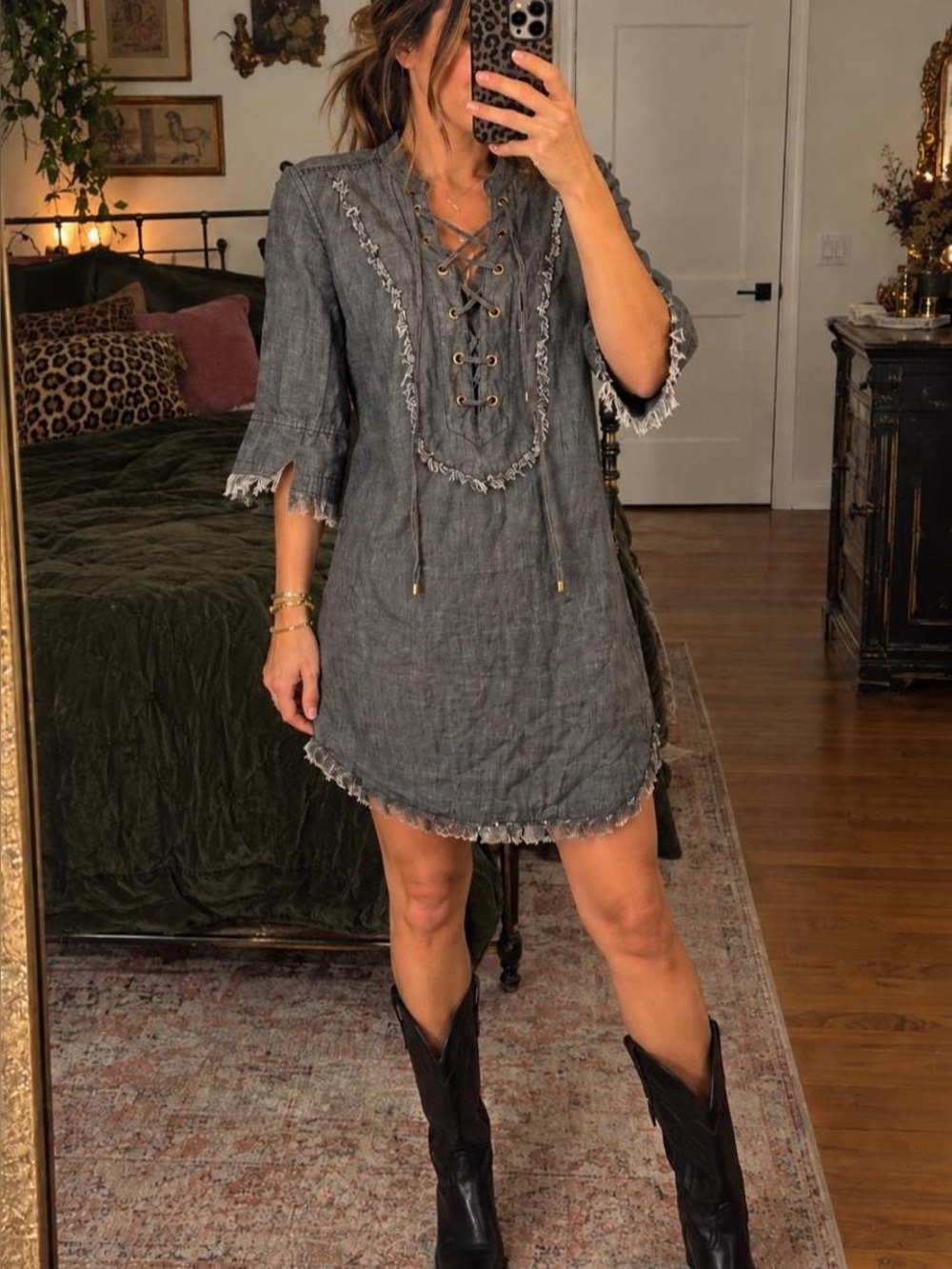 Trina Turk Gray Lace-Up Tencel Linen Tunic Dress Medium